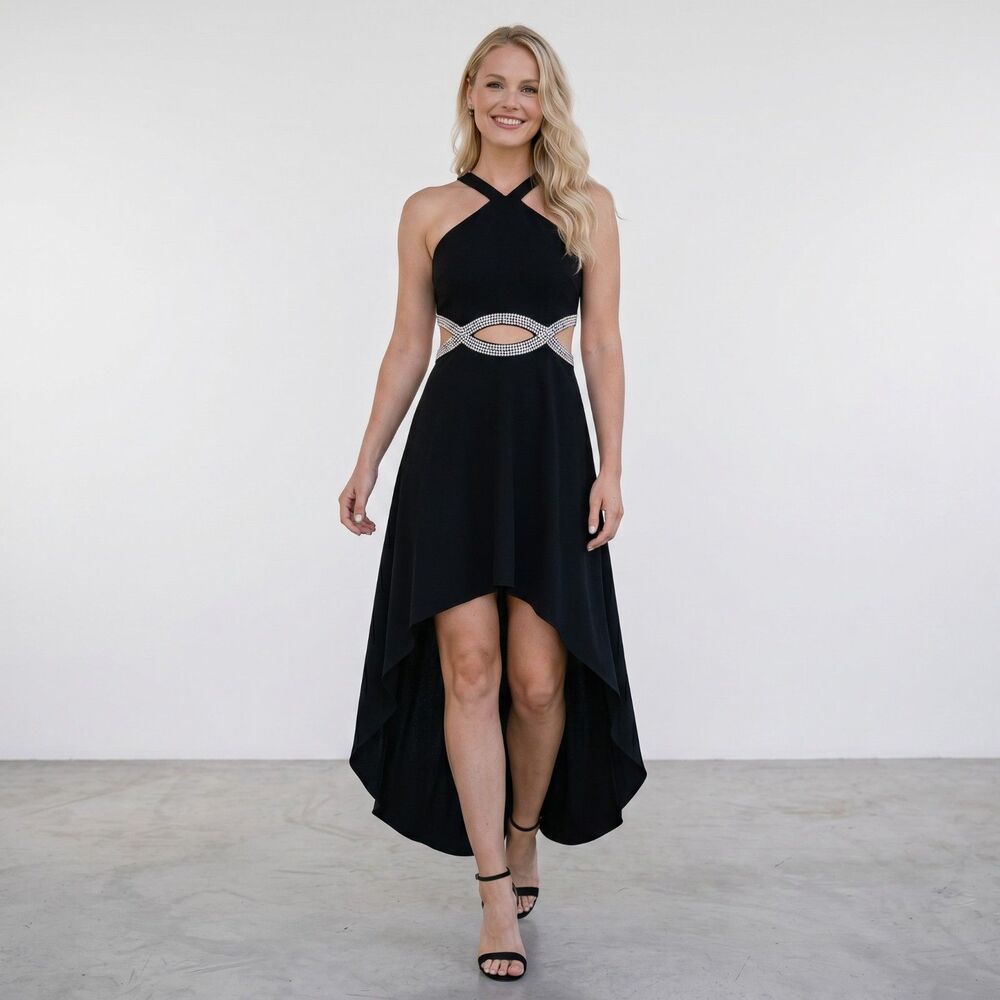 Speechless Formal Prom Dress Size 11 Black High Low Cut Out Waist Rhinestones